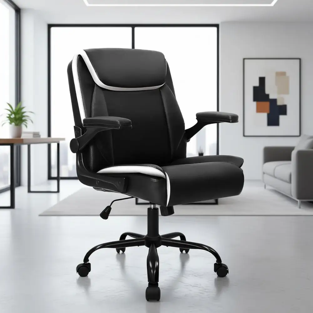 

Ergonomic Executive Leather Gaming Chair with Adjustable Armrests, Wheels, and Swivel for Home Office or Study (Black/White)