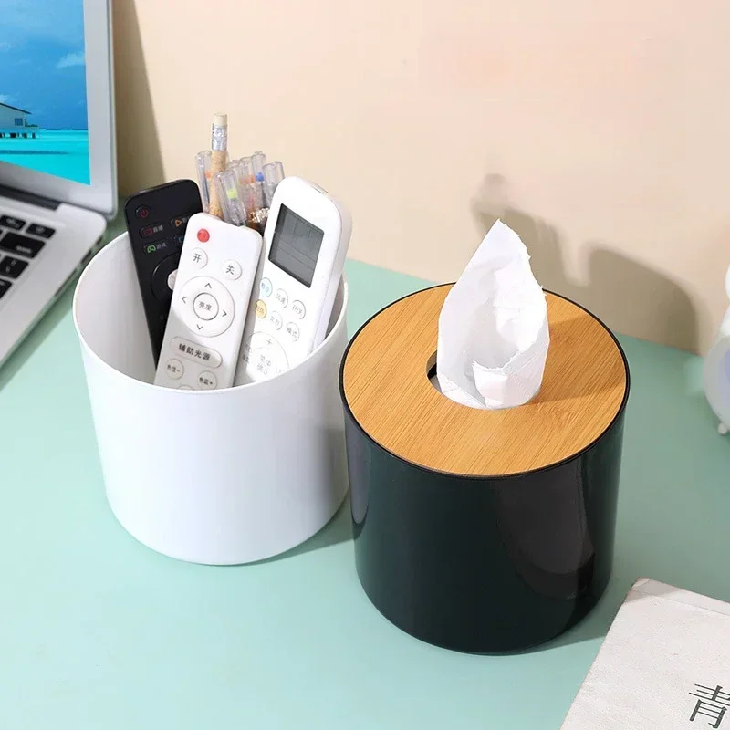 Circular Bamboo and Wood Tissue Box Creative Minimalist Living Room Home Paper Drawer Napkin Box Remote Control Storage Box Roll