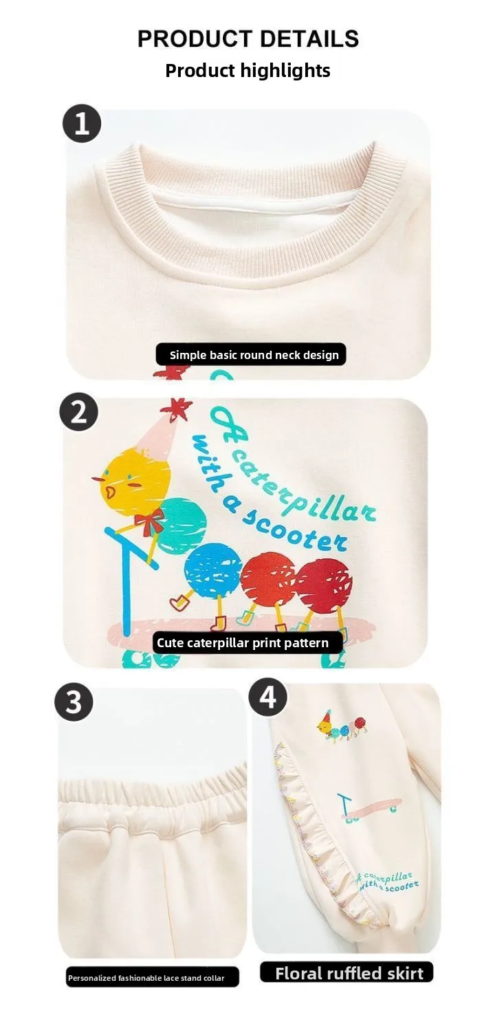 1-8 Jahre Kinder Mädchen Beige Hosen-Sets Cartoon-Muster Langarm Lose Geraffte Pullover-Hoodies + Elastische Taille Weite Hosen 2-teilige Sets – Detail 6