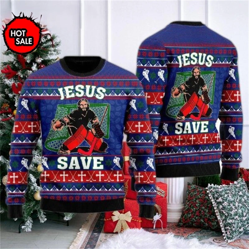 Newest Ugly Christmas Sweater Jesus 3D Print Sweatshirts Men Women Pullover Casual Long Sleeve New In Jackets Christmas Sweater