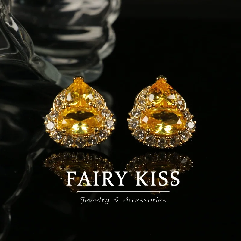 exquisite copper claw inlaid zircon gourd STUD earrings yellow handmade glass earrings 925 silver needle earrings