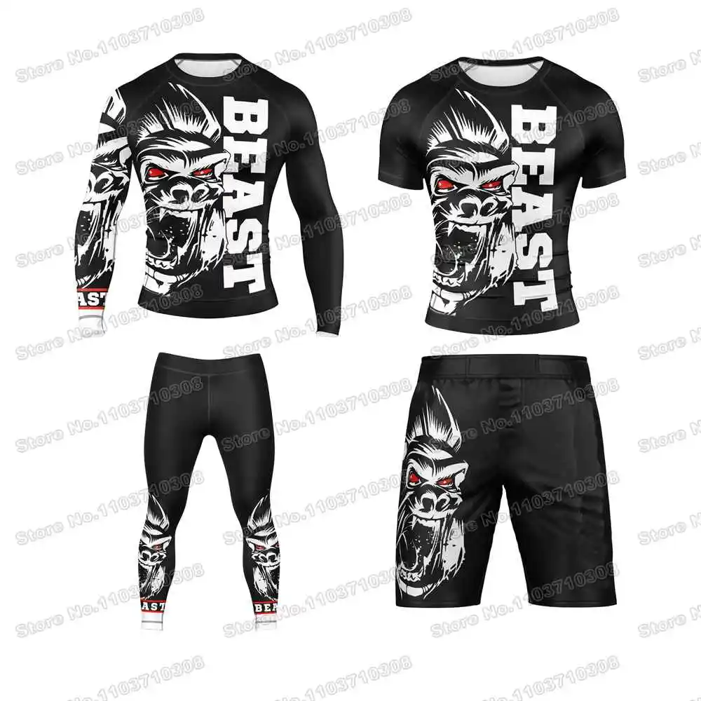 FUJIYAMA Shirts Short WWF Rash Guards Surfing Jersey Beach Shirts Swimwear Diving Gym Shorts MMA BJJ Men Jiu Jitsu Fitness Sets