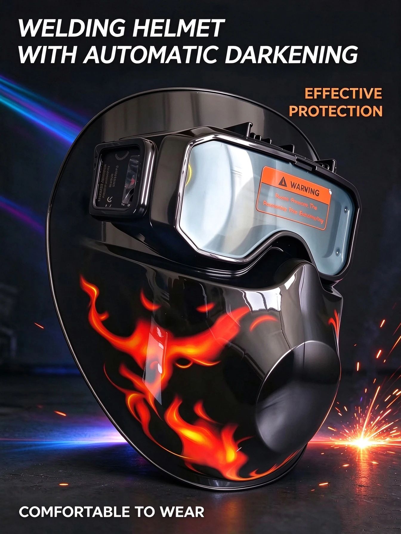 Auto-darkening welding helmet with True Color high-definition lens, clear view. Removable goggles, flexible & easy to use