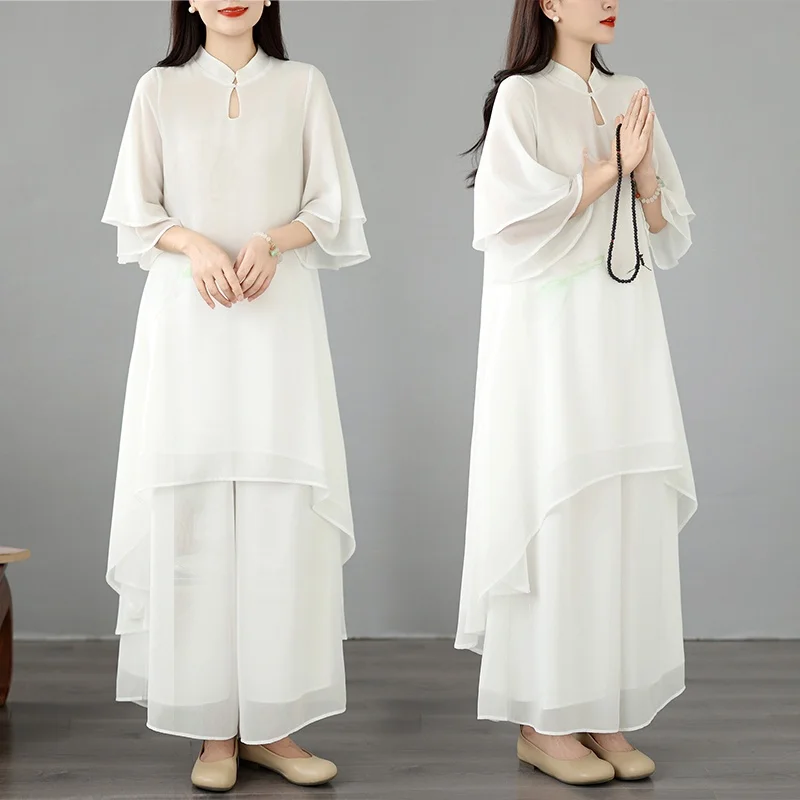 

Elegant Long Silk Georgette Printed Dress Set with Stand Collar for Women over 35 Summer 2026 Fashion Vintage Chinese Style