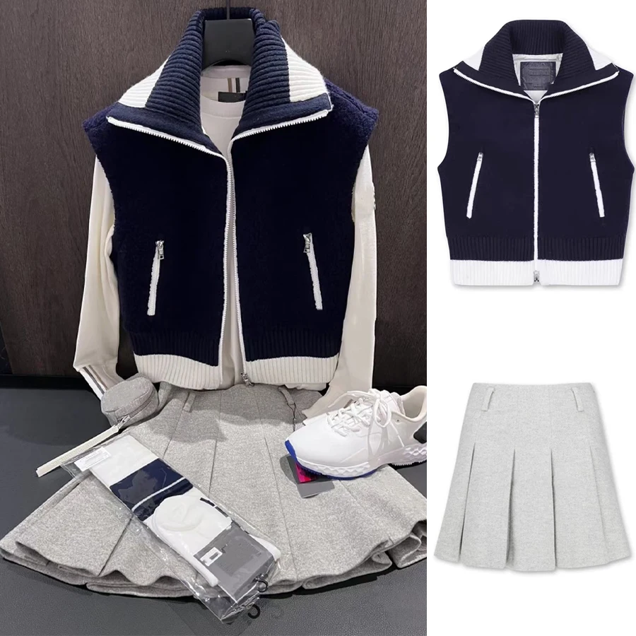 Autumn/winter Golf Jacket Women's Navy Collar Zipper Double Layer Warm Golf Vest, Sports And Leisure Skirt