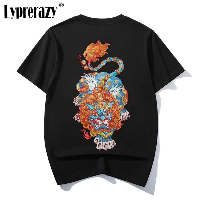 

Lyprerazy Men's Chinese Style PI Xiu Embroidered Short-Sleeved T-Shirt Summer Loose Cotton Top Tees