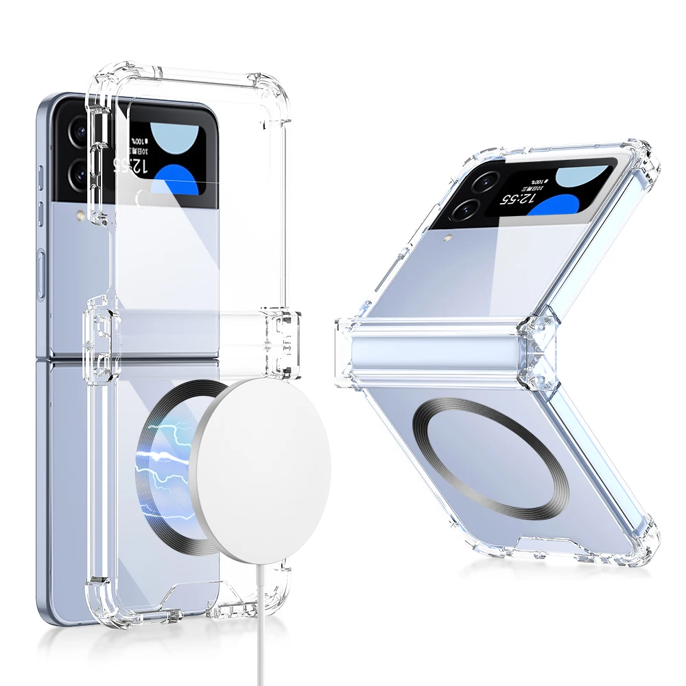 For Samsung Galaxy Z Flip 6 5 4 3 Magsafe Case Magnetic Wireless Charging Transparent Folding Hinge Shockproof Protection Cover