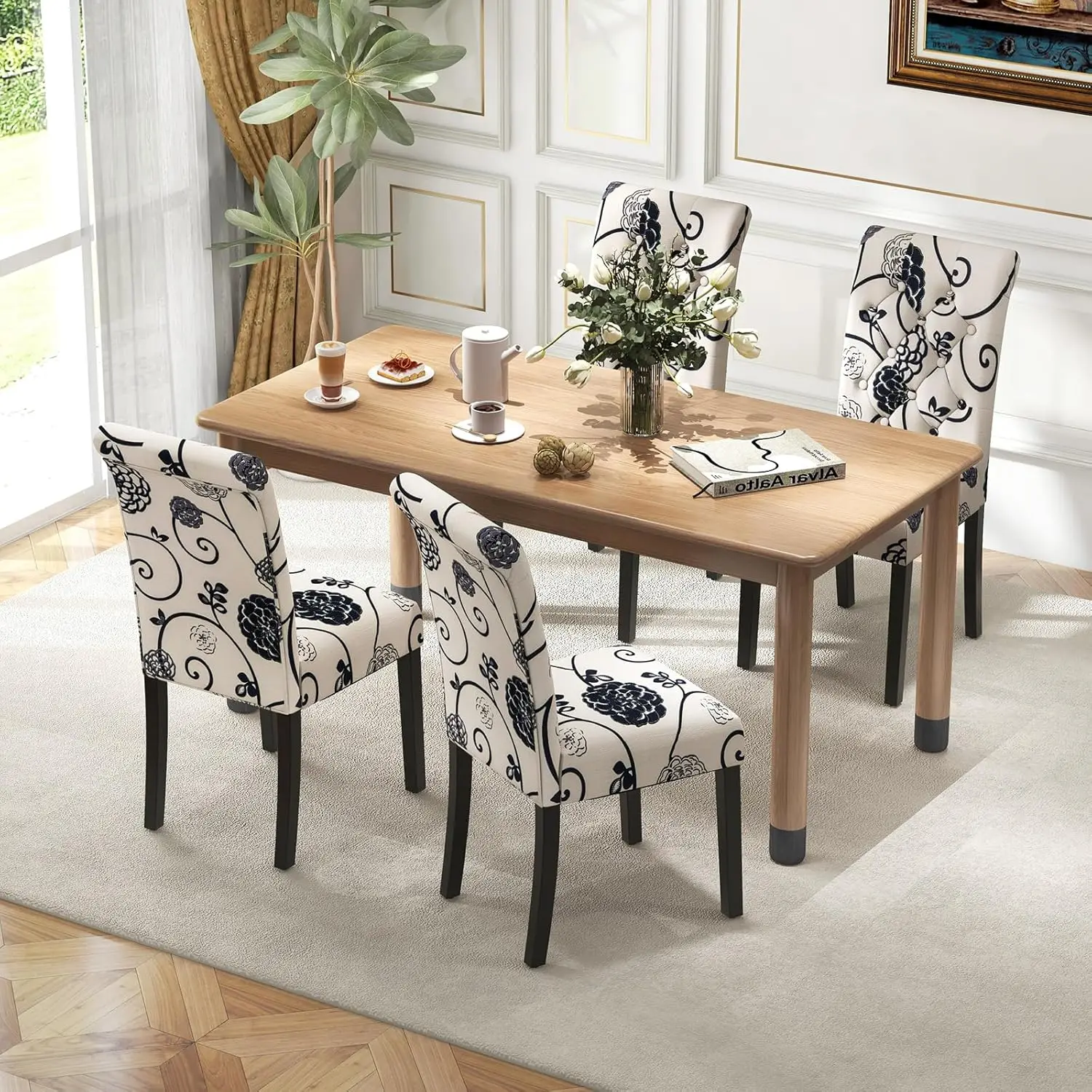 Giantex Upholstered Dining Chairs Set of 4, Tufted Fabric Kitchen Chairs w/Padded Seat & Rubber Wood Legs, Farmhouse Accent Chai