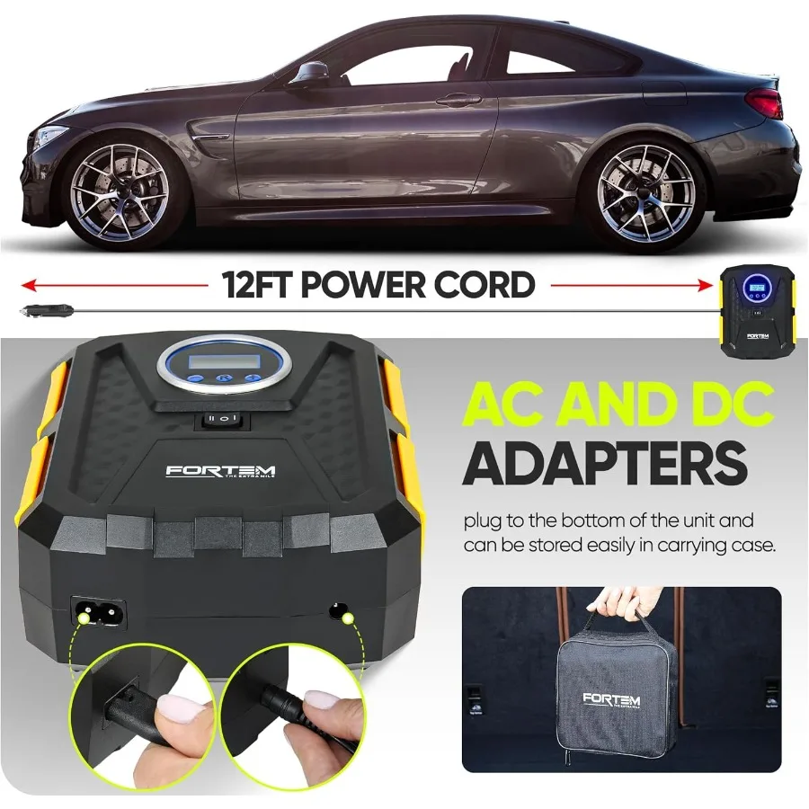 ضاغط هواء كهربائي محمول 12 فولت لإطارات السيارات والدراجات حتى 150 رطل لكل بوصة مربعة مع ضوء LED مقياس ضغط الإطارات الرقمي Featuri