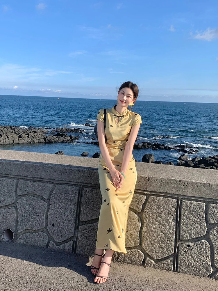 Ele nouveau chinois Sle Qipao Dr minceur été jupe longue tempérament doux fente basse usage quotidien fibre de Polyester