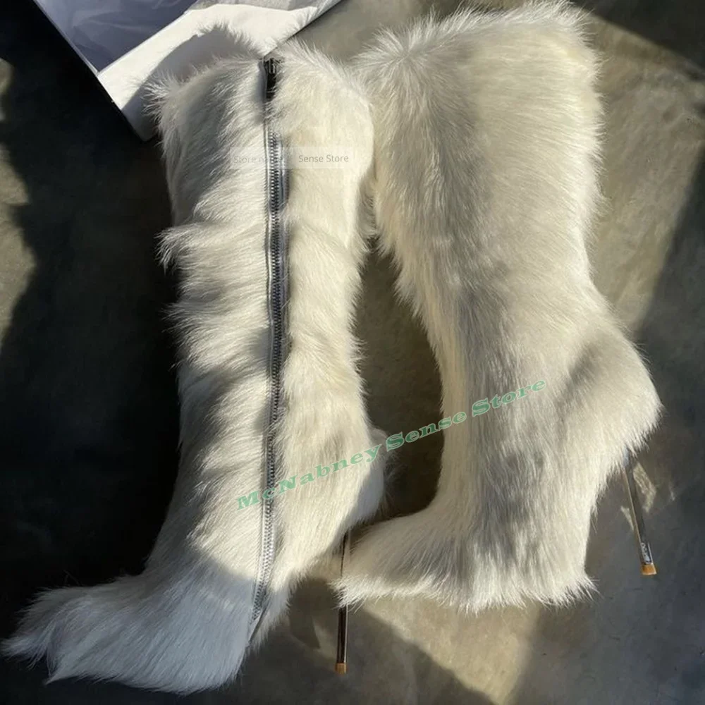 

Full Fur Metal Heels Boots Pointy Toe Side Zipper Solid Stiletto Heels Boots Women Sexy Shoes Winter Party Casual Designer White