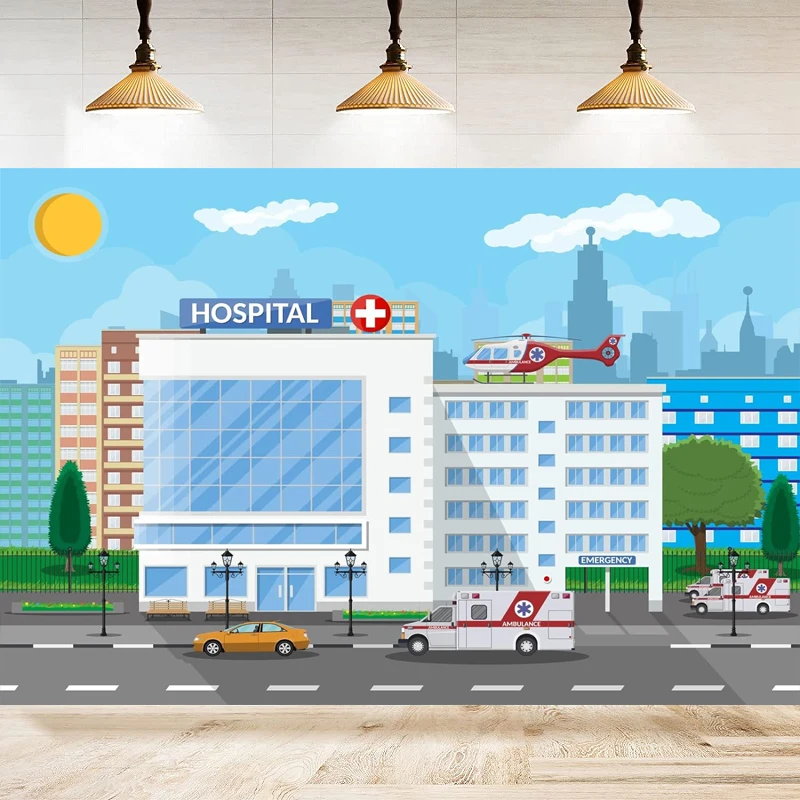 Cartoon Hospital Photography Backdrop Ambulance Aircraft Medical Background Nursing School Nurse Graduation Doctor Theme Party