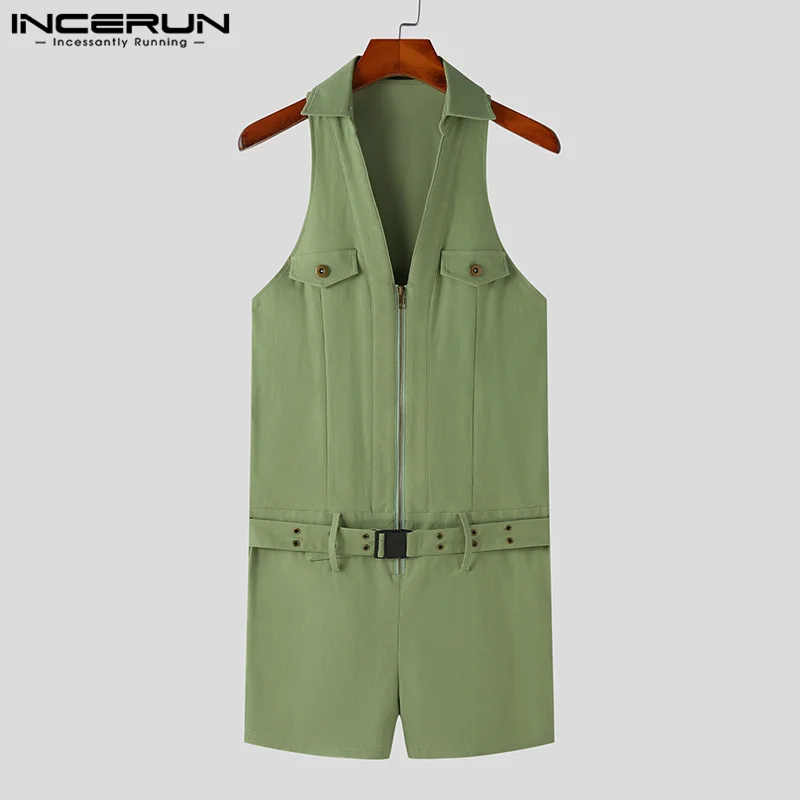 INCERUN Men Rompers Solid Color V Neck Sleeveless Zipper Fashion Male Jumpsuits Streetwear 2024 Fitness Casual Shorts Overalls