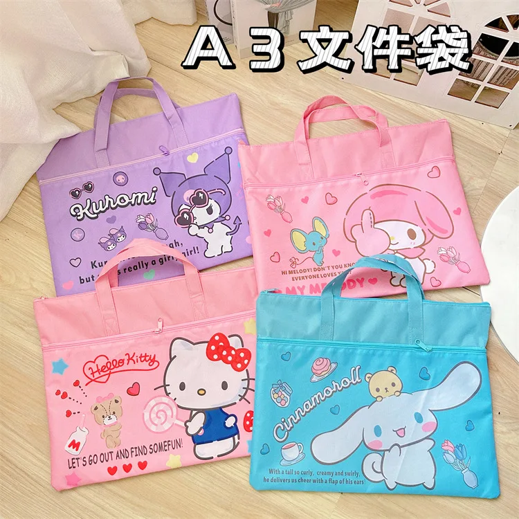 Sanrio File Bag Hello Kitty Cinnamoroll Kuromi A3 Test Paper Document Textbook Storage Bag Student Art Paper Storage Bag Gift