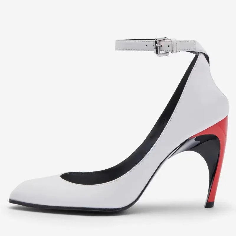 2024 new pointed toe shallow cut-out slotted buckle strap shaped heel high heel color-blocked large size single shoe