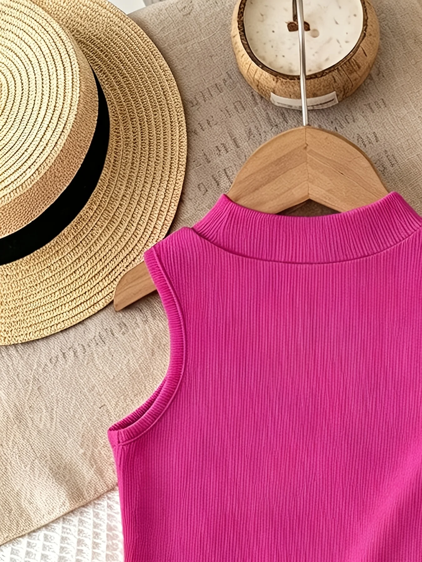 Sommer-Zweiteiler für Mädchen: Magenta ärmelloses Oberteil mit Stehkragen und weit geschnittene Hose mit großem Lilien-Print – Stilvolles Outfit – Detail 5