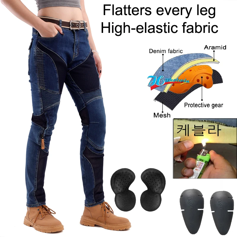 Celana Jeans Motor Kevlar Wanita Musim Panas Biru Celana Motor Trail Tahan Gesekan Anti Angin Celana Berkendara