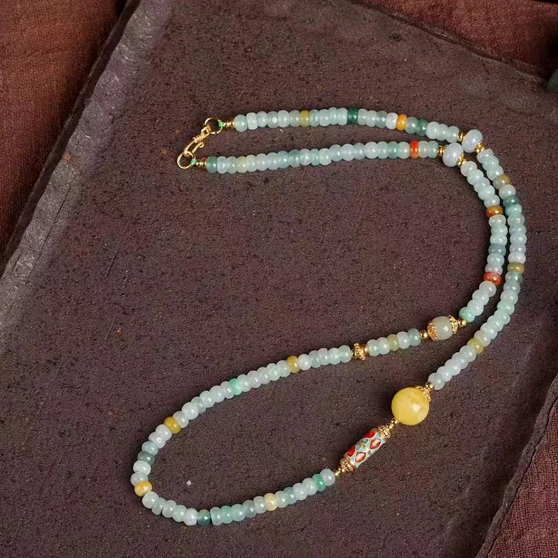 

Ожерелье из натурального жадеита, цепочка из бисера из проса и счетов, ювелирные изделия для свитера с драгоценными камнями цвета допамина, длина ключицы