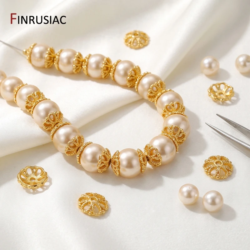 14/18K Gold Plated Brass Hollow Flower Bead Caps,DIY Jewelry Spacer for Pearl Necklaces & Bracelets Making Accessories