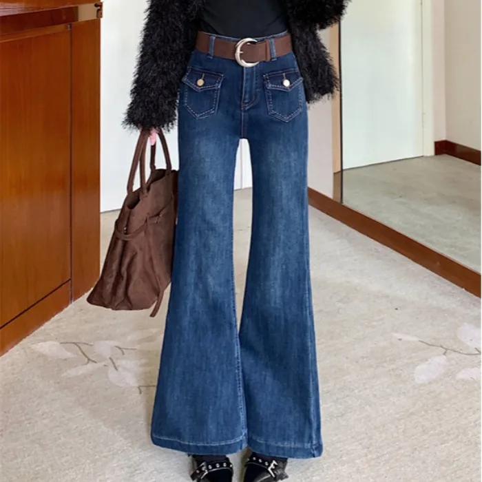 

Синие джинсы-колокольчики с высокой талией, утягивающие повседневные джинсы, осень-зима, Новое поступление, женские джинсы высокого качества, длинные брюки
