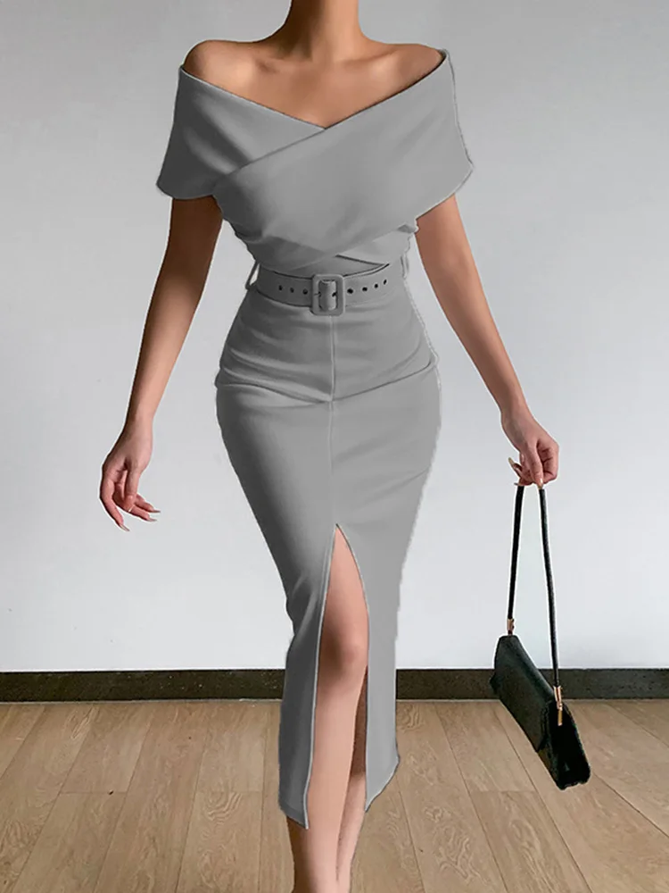 

Spring Women Off Shoulder Slim Evening Solid Sexy Sleeveless Bodycon Bag Hip Dress Elegant Waist Summer Split Lady Dresses