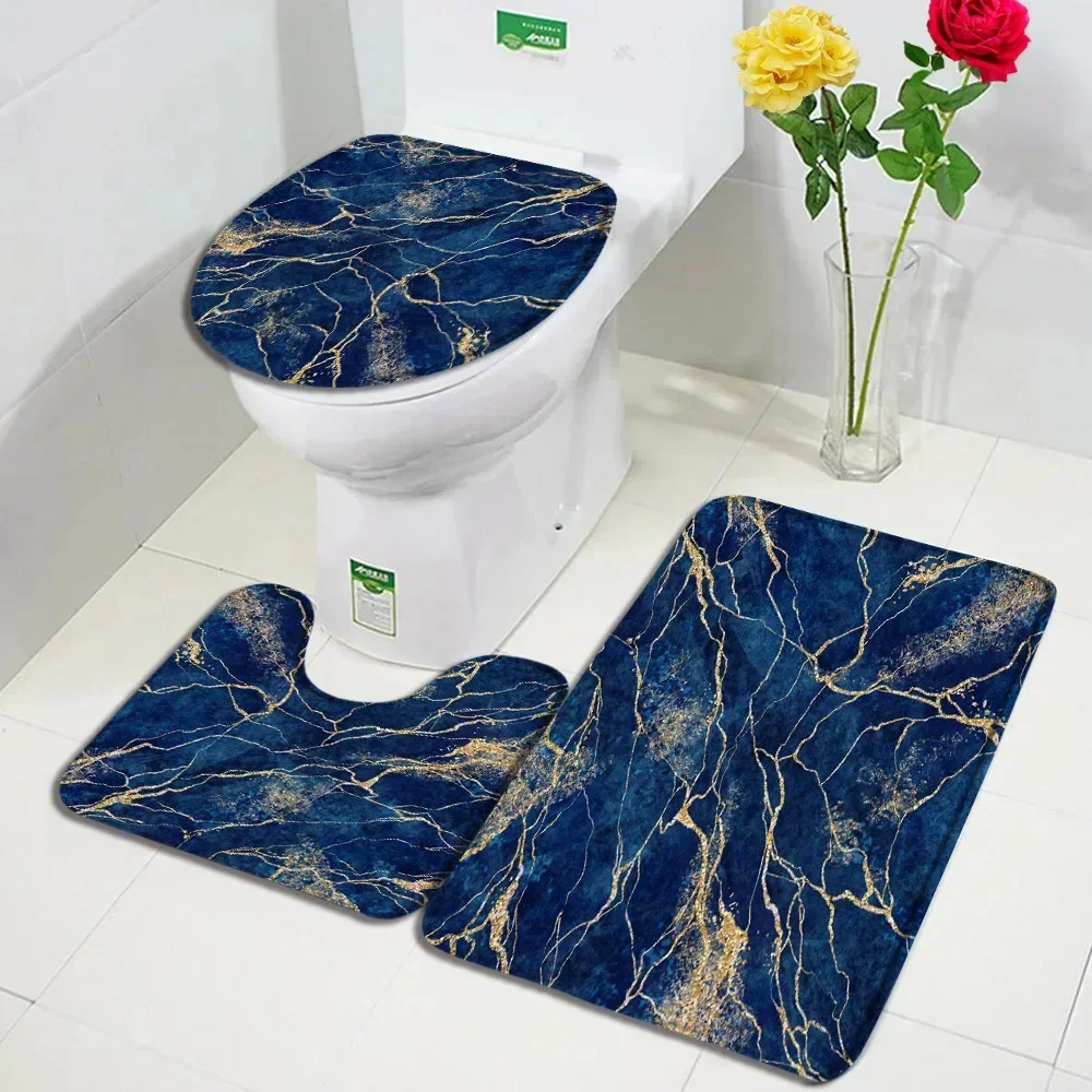 Set di tappetini da bagno in marmo astratto Linee dorate geometriche creative Tappeto nero per la casa Decorazione del bagno Tappeti antiscivolo