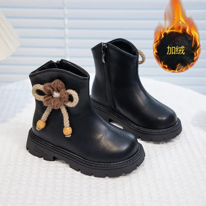 

2025 Autumn Winter New Girls' Flower Bow Beige Boots Princess Style Leather Ankle Boots Kids' Soft-Sole Non-Slip Short Shoes