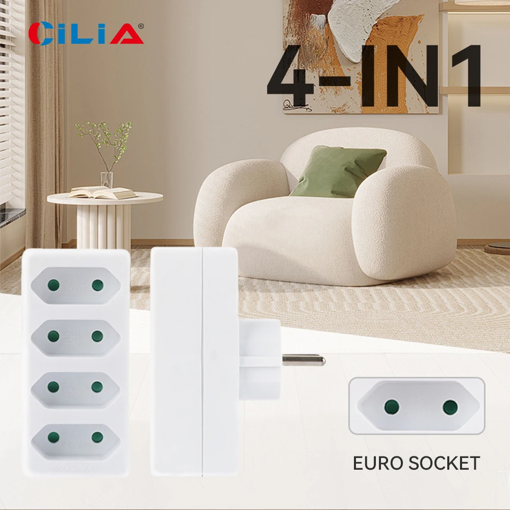 1pc European Standard Four-in-One Wall Plug, with 4 two-pin power socket plugs, making it convenient to carry.