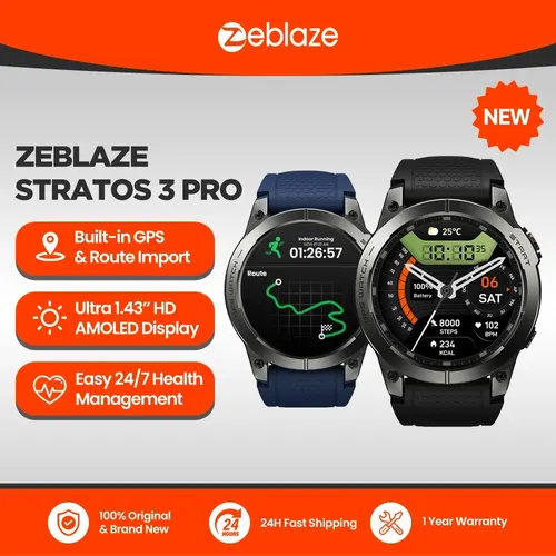 Zeblaze Stratos 3 PRO GPS 스마트 워치, HD AMOLED 디스플레이 내장 GPS 블루투스 전화 통화, 남성용 스포츠 스마트워치, 1.43 인치, 신제품 