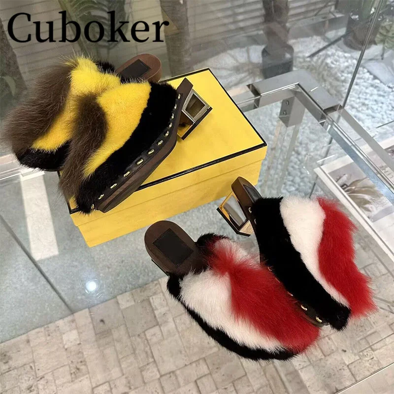 2023 Spring Autumn Designer Mink Hair Women\'s Slippers Half Wedge Slippers Thick Sole Chunky Heel Furry Mules Vacation Shoes