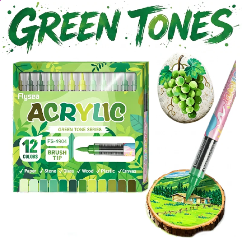 

Green Tone Acrylic Paint Markers 12 Colors Brush Waterproof Quick Dry Art Pens for Rock Wood Canvas Glass Ceramic DIY Craft