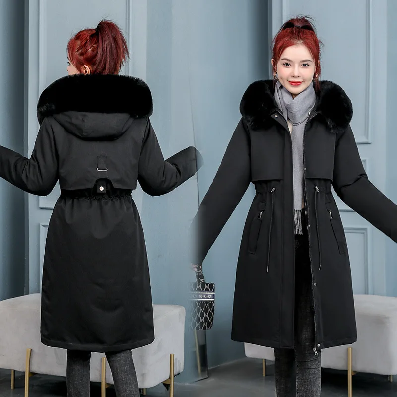 Women Hooded Parkas Coats Solid Jackets Zipper Detachable Pocket Drawstring Long Sleeves Longline Thick Slim Casual 2025 Winter