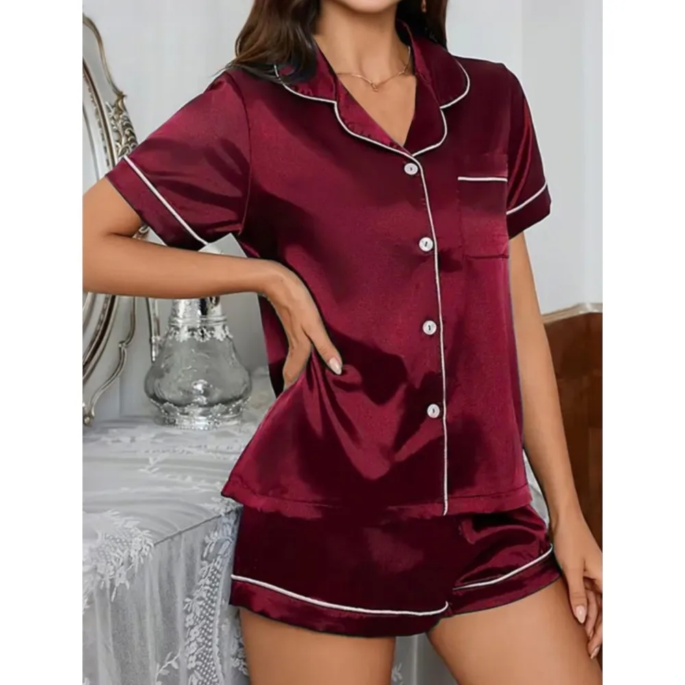 

Fashion Striped Patchwork For Women's Short-sleeved Shirt Set 2 Pieces New Summer Casual Loose Female Home Wear Shorts Set 2025