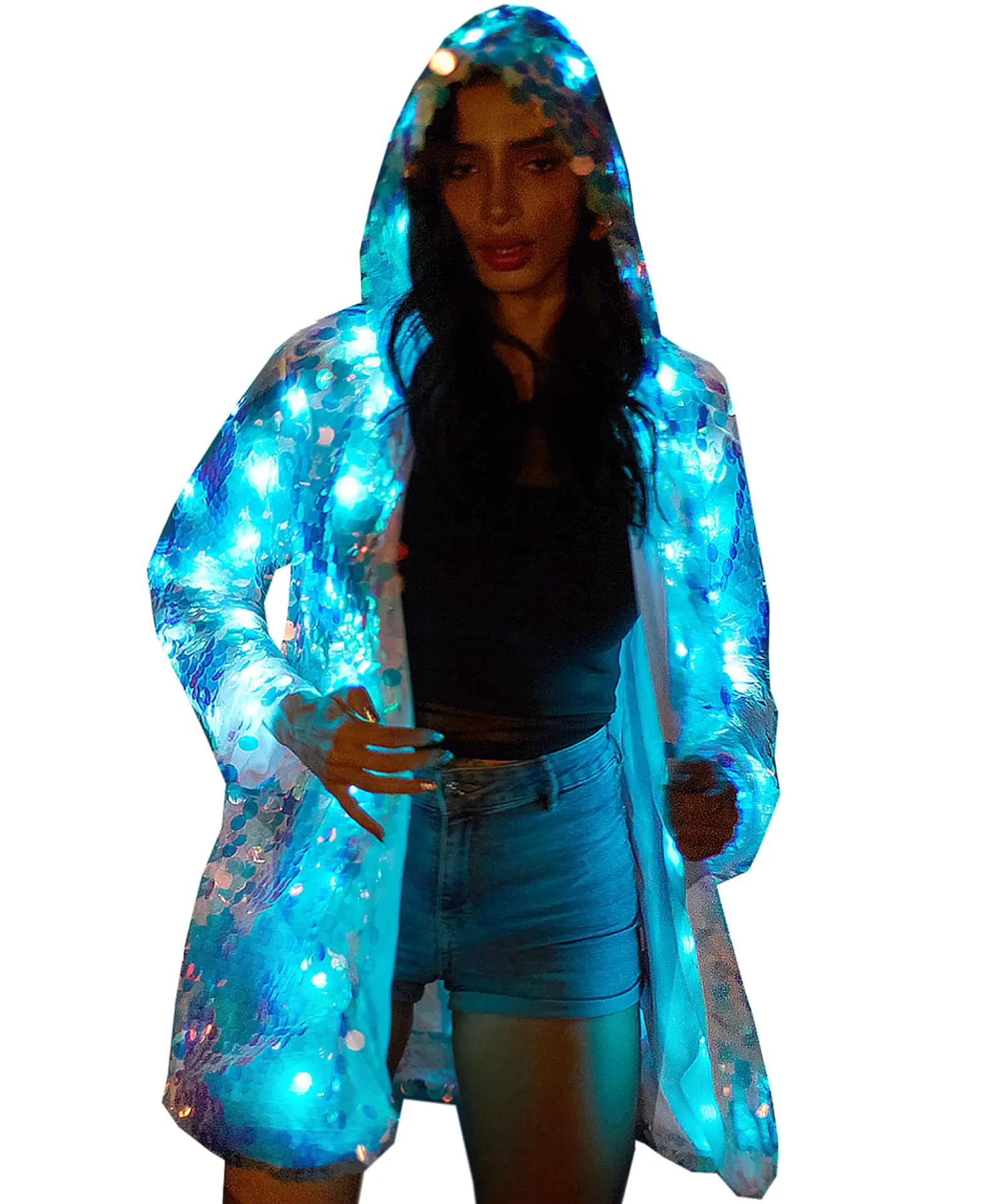 New Sequin LED Costume Personality Hooded Long Sleeve Flash Clothing Women Fashion Party Festival Performance Light Costume