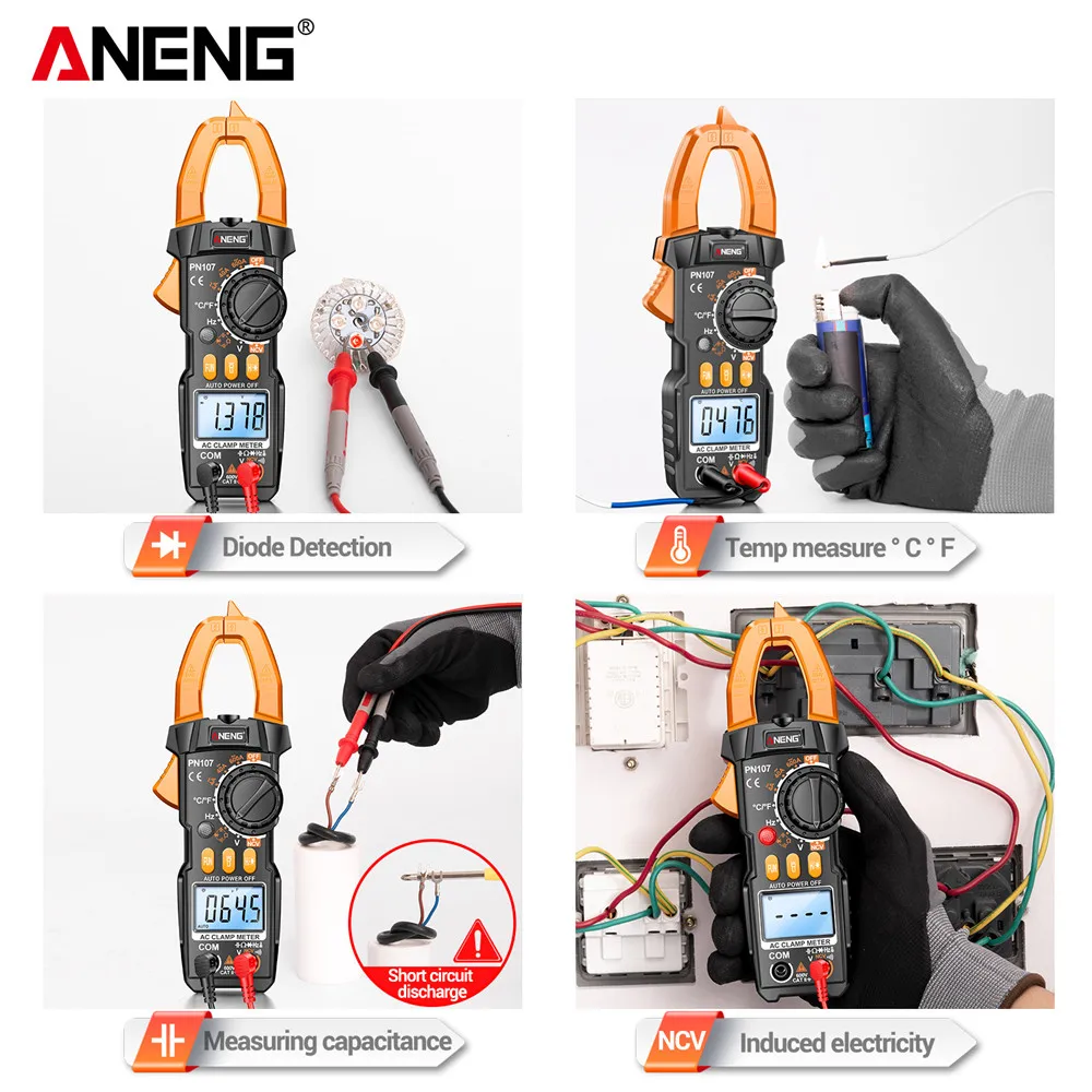 ANENG PN107 cyfrowy miernik cęgowy AC/DC napięcie test temperatury Multitester True RMS 4000 Count multimetr elektryczny narzędzie testowe