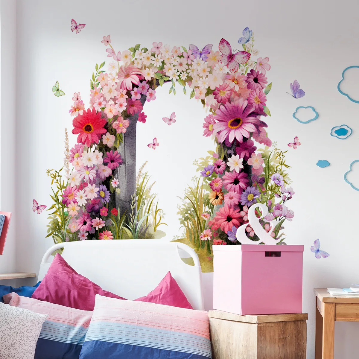 Adesivo de parede estético rosa flor borboleta arco-papel de parede autoadesivo removível para quarto sala de estar decoração floral de casa