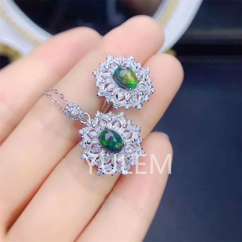 

YULEM Natural Black Opal 5*7MM Ring and Pendant Necklace with Real 925 Silver Jewelry Sets for Mystic Gift and Women's Lady Wear