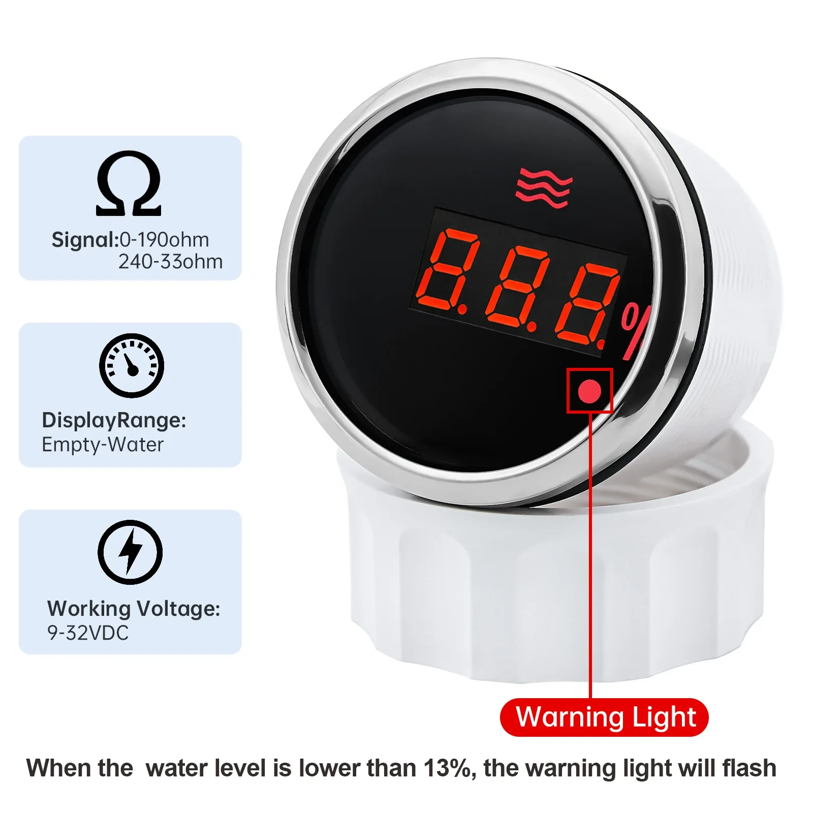 Waterproof 0~100% Digital 52mm Water Level Gauge with Alarm 0-190ohm Water Level Sensor 100-600mm for Car Boat Yacht Custom Red