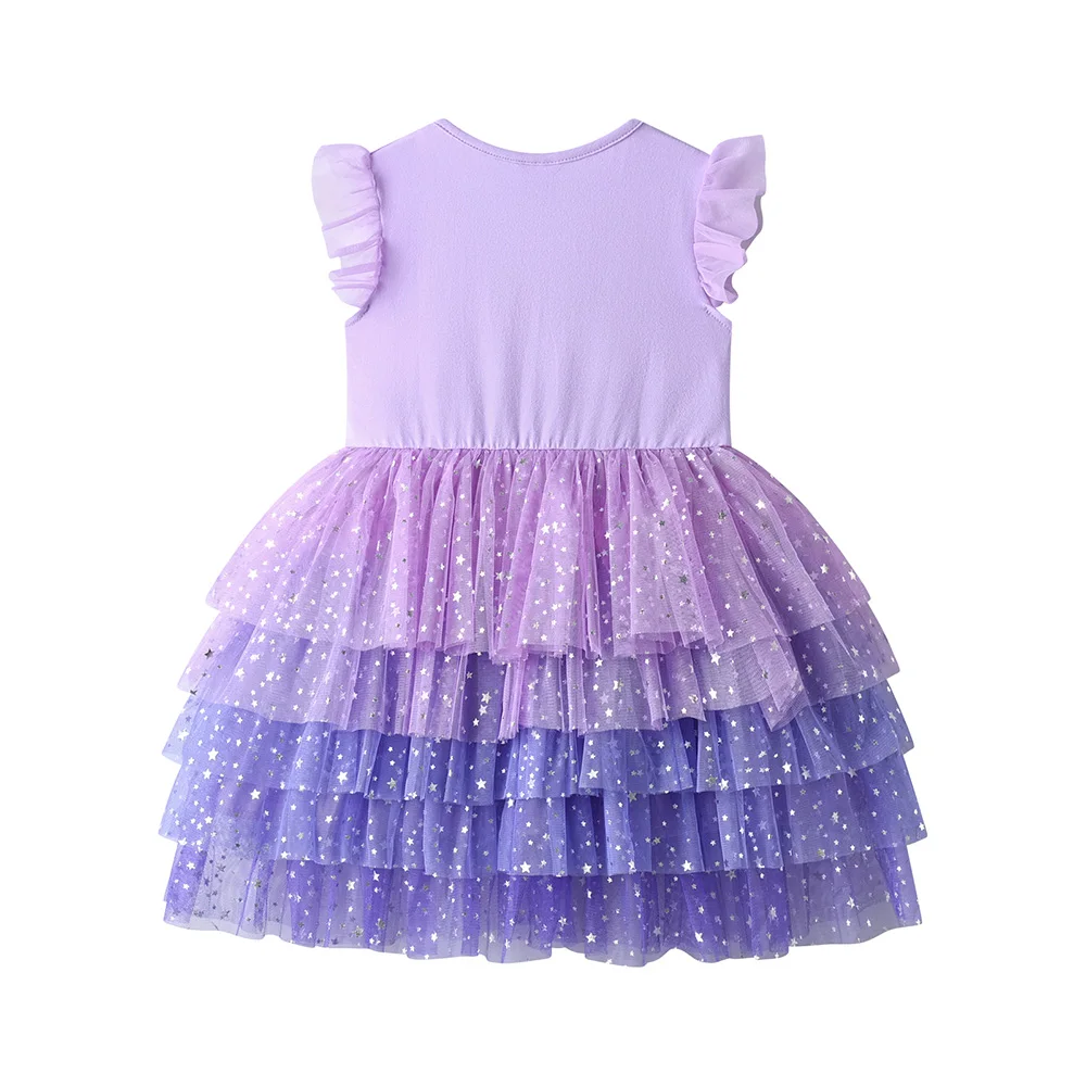 VIKITA Kleinkinder-Kleid mit glitzerndem Sternenmuster, Kinderkleid, lavendellila, Ombre-Tüll, Netzstoff, Rüschenärmel, Sommer, lässig, Party, Prinzessinnenkleid – Detail 4