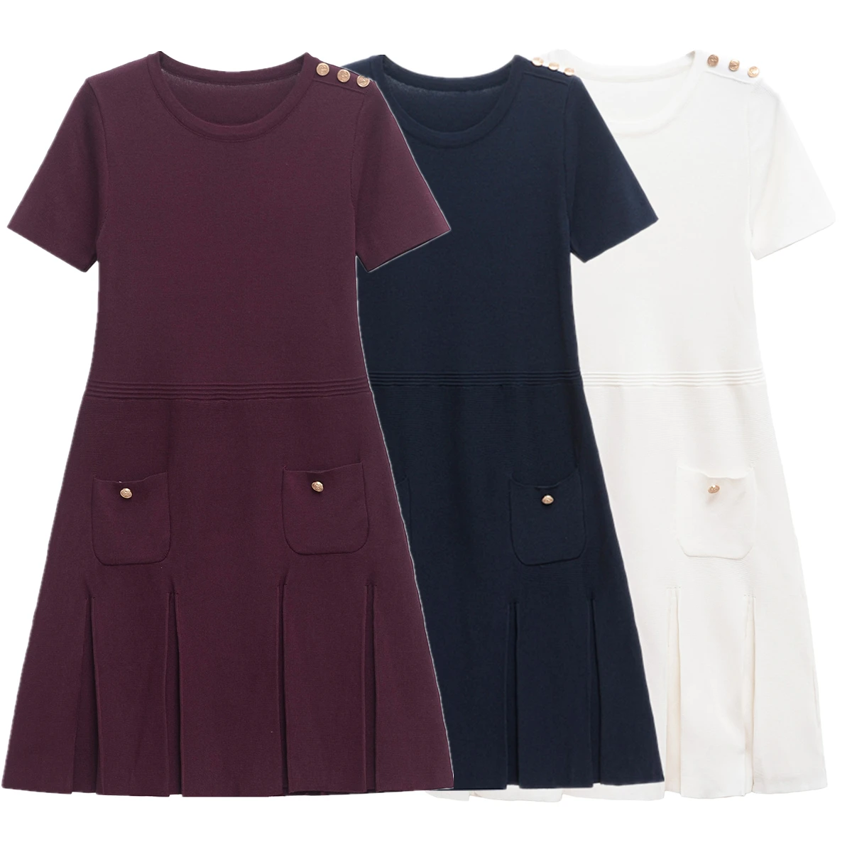 

Jenny&Dave Minimalist Round Neck Knitted Dress With Gold Button Decoration Slim Fit Dress Women French Elegant Mini Dress