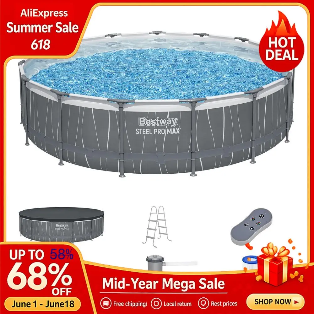 

15 x 42 Above Ground Pool, Round Metal Frame Outdoor Swimming Pool Set with LED Light, Filter Pump, Ladder, Custom, Pools