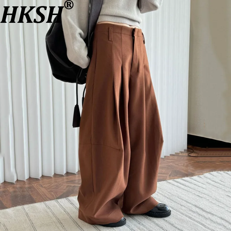 

HKSH Autumn Winter New Women Wide Leg Pants Solid Color Pleated Straight Thickened Temperament High Street Casual Bottom HK11363