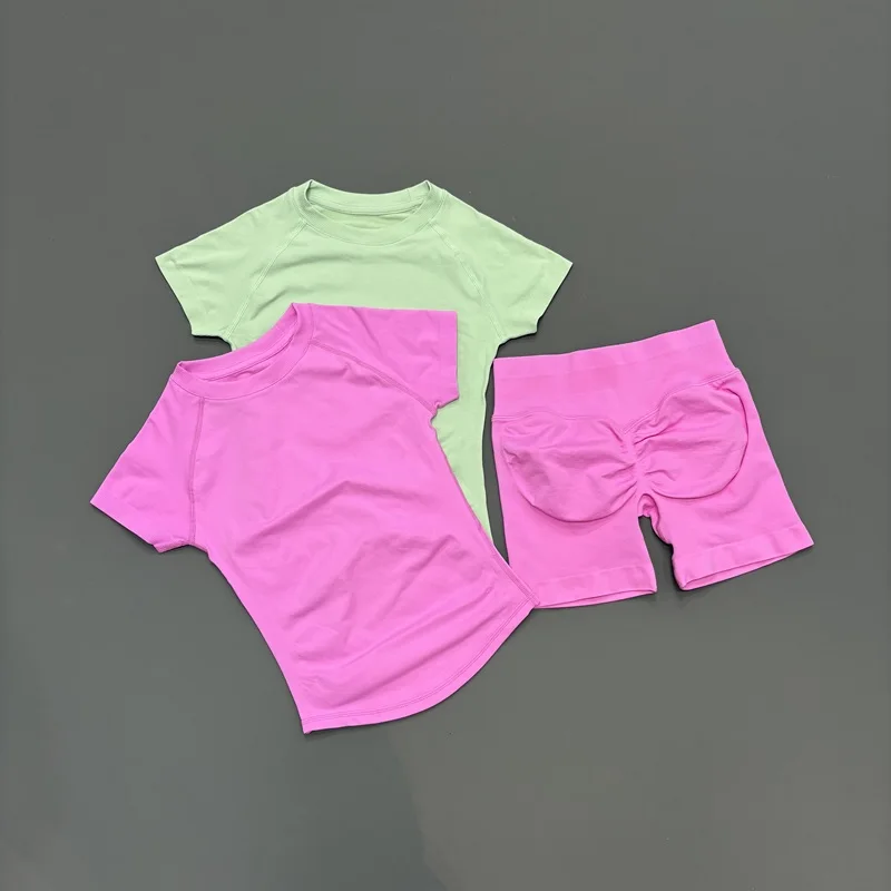 2 Pieces HISTELLO Sports Set Seamless Short Sleeve Low Rise Ribbed Shorts Soft Elastic Pilates Running Fitness Yoga Active Sets