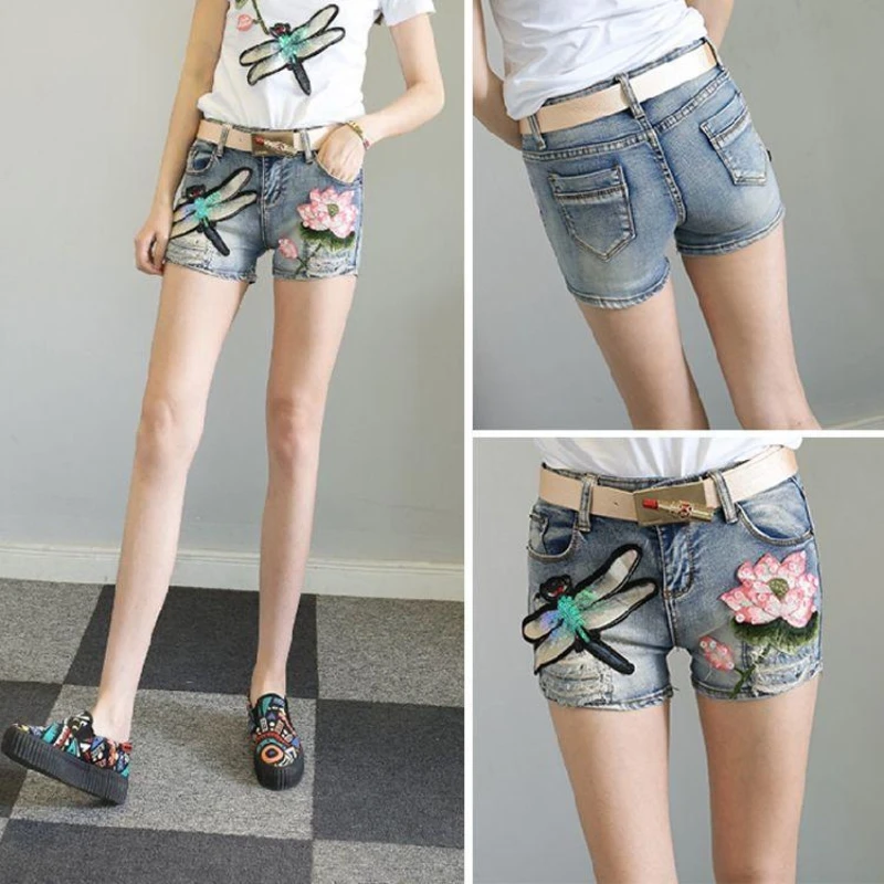 Summer Female Style Women Elastic Waist Vintage Denim Shorts Jeans Feminino Patchwork Embroidery Ripped Jeans Large Size Q772