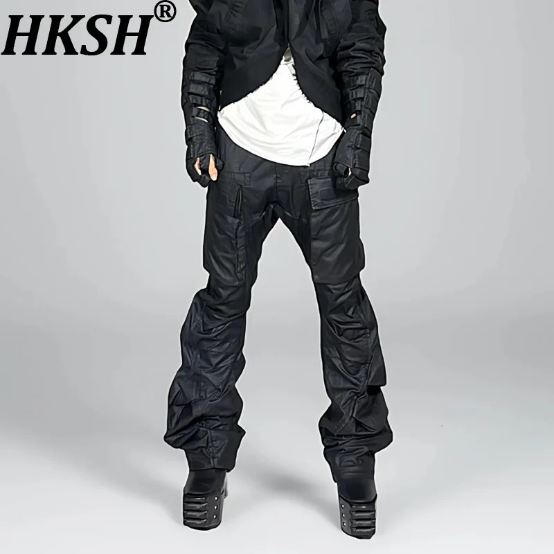 HKSH Spring Autumn New Men's Waste Land Layered Pleated Waxed Coated Washed Three-Dimensional Stacked Flared Cargo Pants HK10516