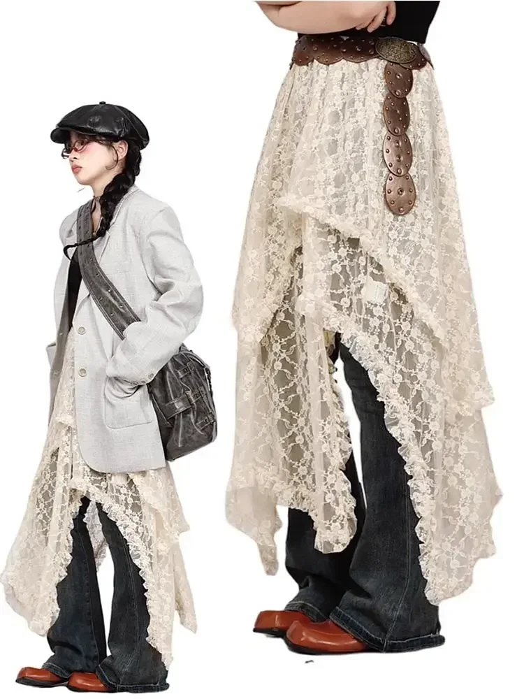 

DEEPTOWN Vintage Boho Lace Skirt Women Streetwear Harajuku Irregular High Waist A-line Y2k Transparent Long Skirt Fairycore