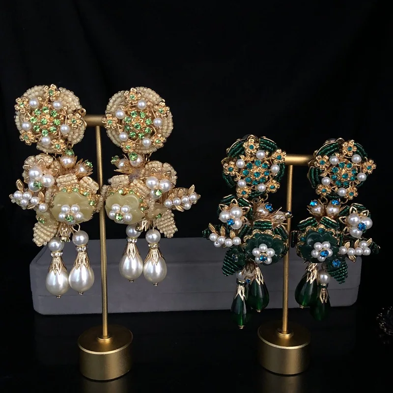 European And American Retro Style Earrings Handmade Woven Flower Earrings Long Shoulder Sweeping DelicateGlass Pendant Ear Clip