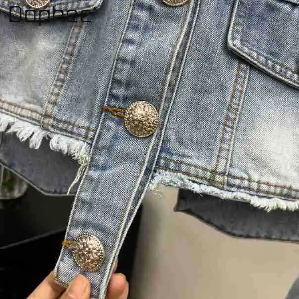 American Street Old Washed Denim Jacket Punk Style Retro Irregular Pocket Rough Edge Short Coat Sweet Cool Girl Jean Jacket