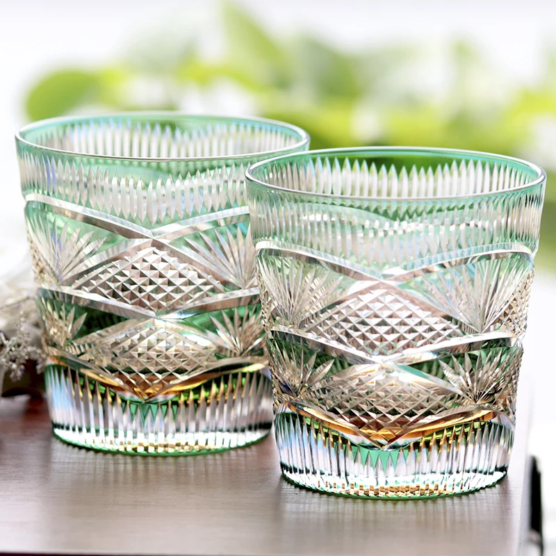 Japanese Style Green Crystal Glass Old Fashioned Tumbler Hand Cut Whiskey Tumbler Edo Kiriko With Gift Box