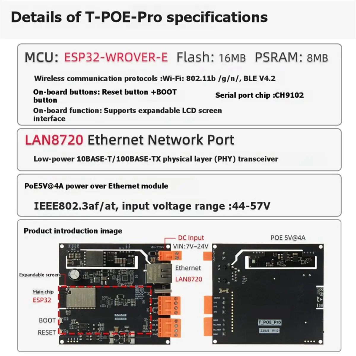 

Плата разработки N94R T-POE-Pro ESP32-WROVER-E с модулем POE LAN8720 Ethernet RS485 для программируемых устройств